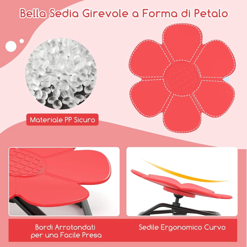 Sedia Girevole a 360° per Bambini, Sedia Sensoriale con Base in Metallo Antiscivolo per Allenare la Coordinazione Fisica e l'Equilibrio, Giocattolo per Cameretta (Rosso,Fiore)