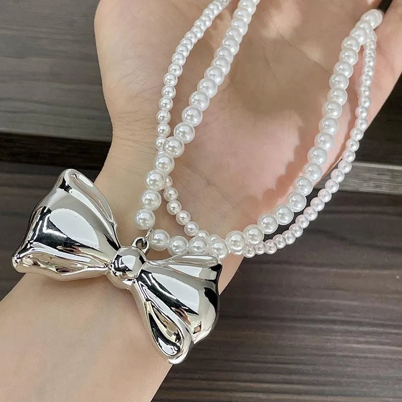 Collana doppia fatta a mano con fiocco in argento e perle, regalo di Natale per donna, regalo di compleanno