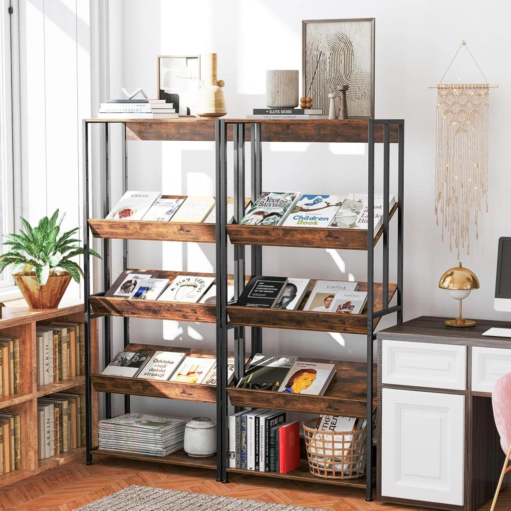 Libreria Aperta a 5 Ripiani Regolabili e Inclinabili, Scaffale Salvaspazio in Legno, Scaffale Portaoggetti Espositivo per Camera da Letto, Soggiorno e Cucina, 70 x 35 x 157 cm, Marrone Rustico