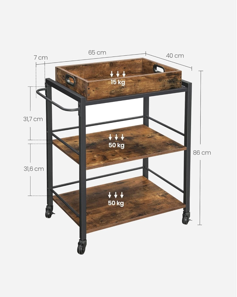 VASAGLE Carrello da Cucina con Vassoio Rimovibile, Carrello Portavivande Fisso o con Ruote, Struttura in Acciaio, Scaffale Cucina 40 x 72 x 86 cm, Marrone Vintage e Nero Inchiostro LRC72X