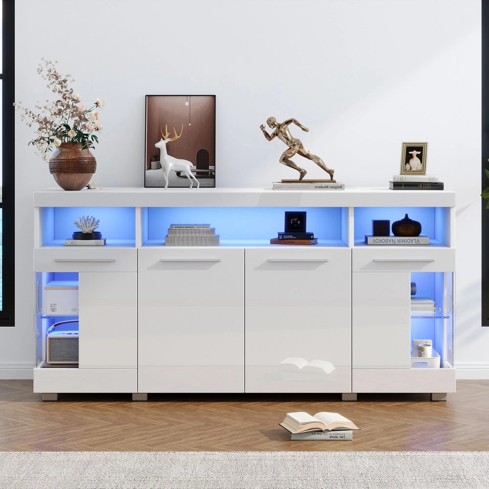 Tavolino da Salotto ¨C MINIMAL ¨C Vetro Temperato, Bianco Lucido, LED, 140x40x70 cm