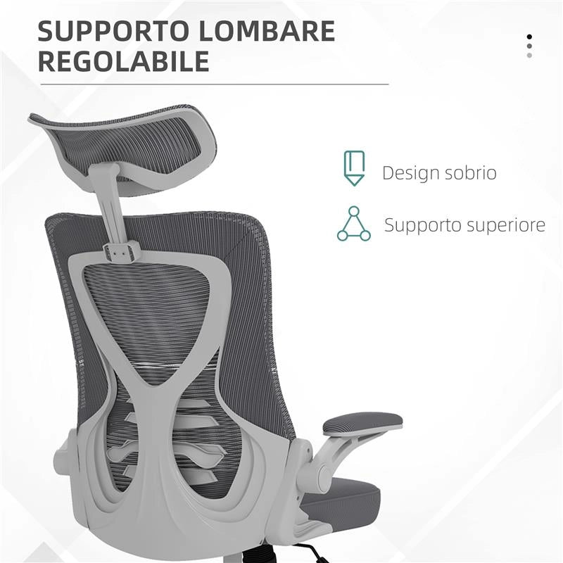 SEDIA DA UFFICIO AD ALTEZZA REGOLABILE CON SUPPORTO LOMBARE E BRACCIOLI RIBALTABILI, 65X64X120-130 CM