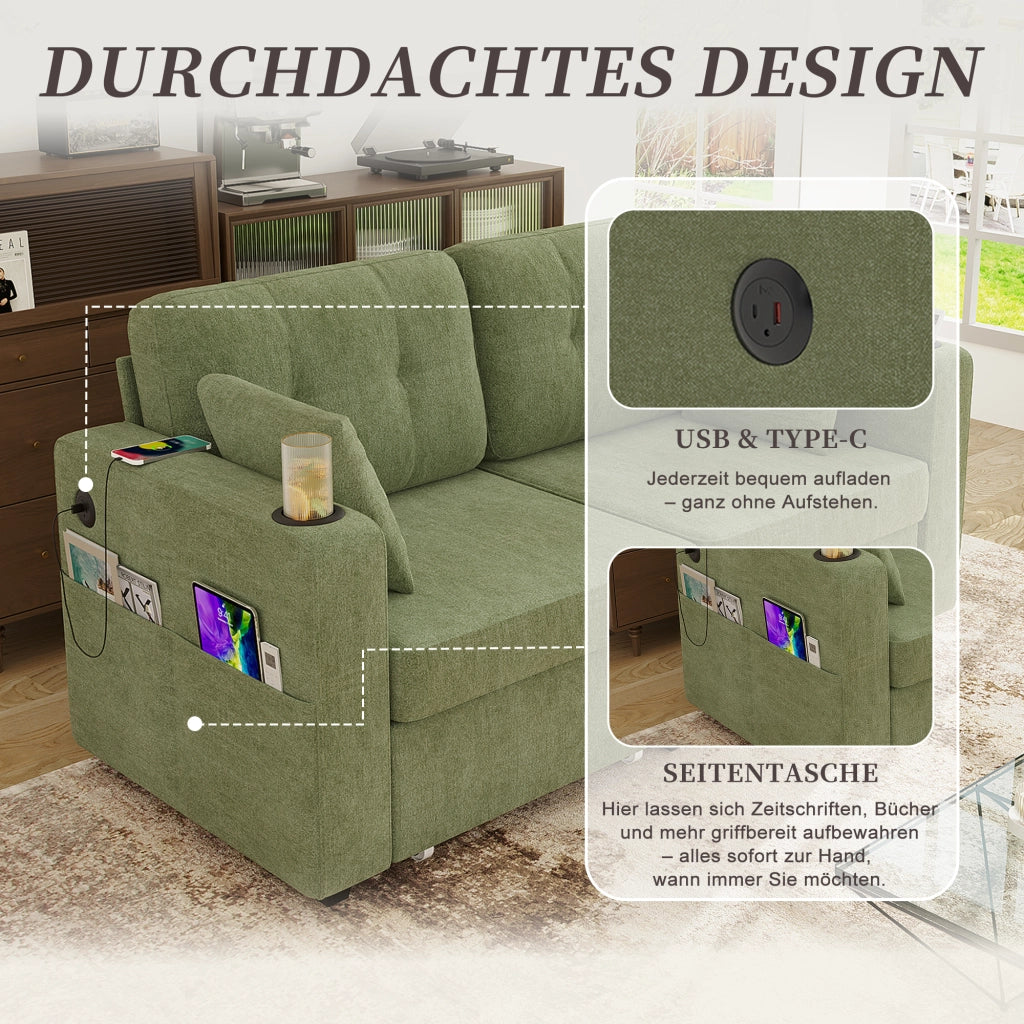 Divano a 2 posti con contenitore; portabicchieri e porte USB in chenille verde oliva