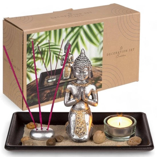 Set di meditazione - Figura di Buddha - Porta tazze in vetro - Stuzzicadenti per incenso - Decorazioni decorative - Piatto di legno in rovere - Decorazione spirituale