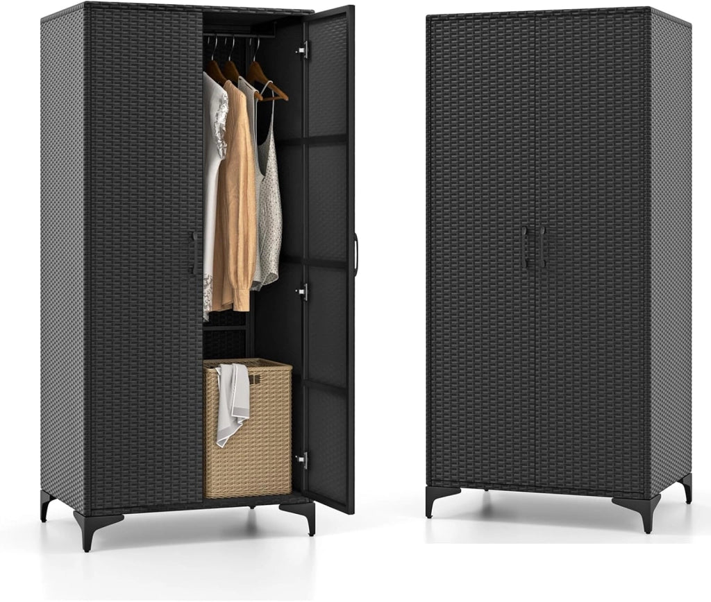 Armadietto da giardino in rattan, con 5 ripiani e mensole sospese, armadietto da terrazza con doppie porte, armadietto in rattan, 72 x 50 x 157 cm (nero)