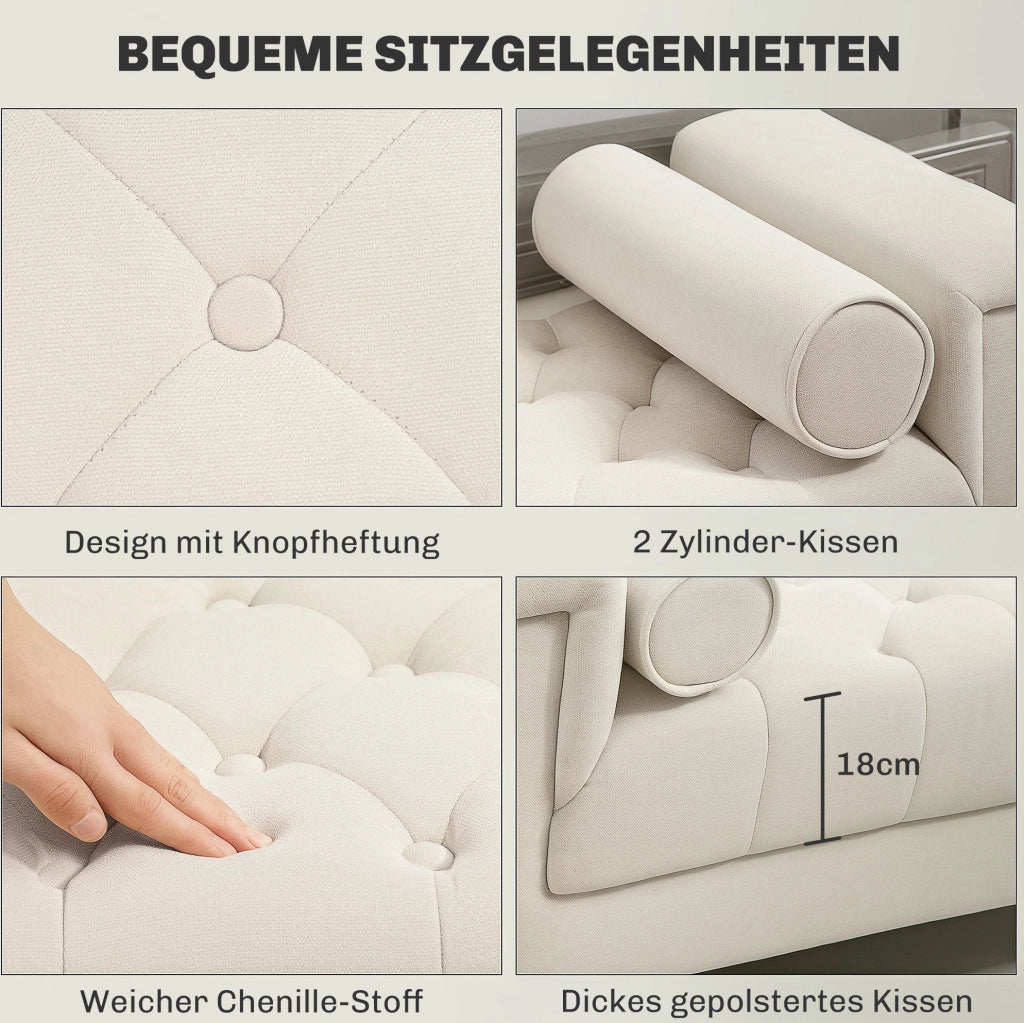 Panca imbottita beige in ciniglia con braccioli, 115 cm