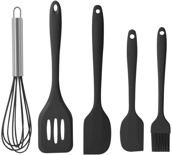 Set di accessori da cucina in silicone (5 pezzi) – Rivestimento igienico resistente – Accessori da cucina termoresistenti – Resistenti ai graffi – Adatti per pentole antiaderenti – Per uso quotidiano in cucina – Diversi formati – 5 pezzi – Nero
