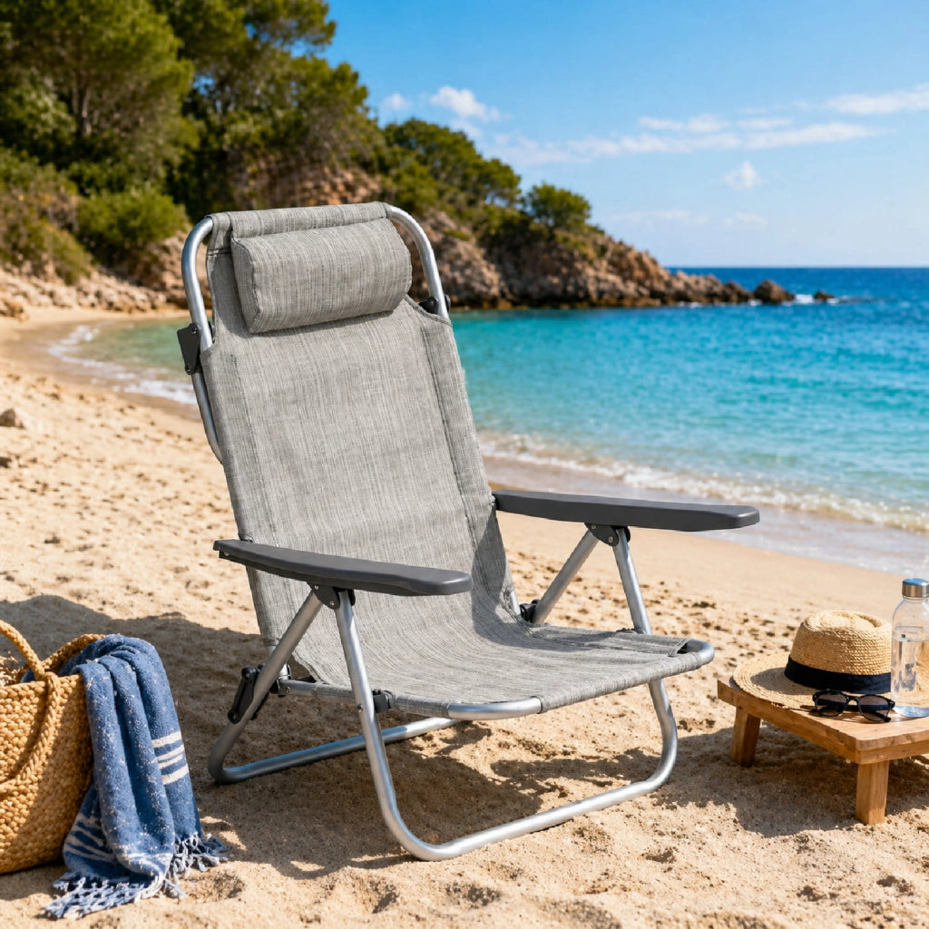 Spiaggina Reclinabile Da Mare E Campeggio Con Poggiatesta Imbottito Sedia Pieghevole In Alluminio E Textilene Traspirante Trasformabile In Lettino 48.5 x 60 x 80 Cm Grigio