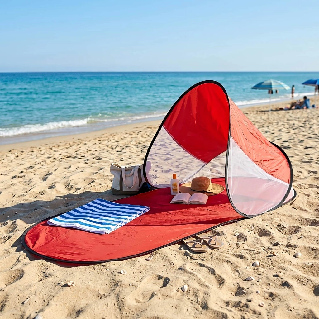 Tenda Pop Up Spiaggia con Tappetino Integrato Parasole Compatta e Pieghevole 140x70 cm Apertura Automatica Leggera per Mare Campeggio Giardino Rosso