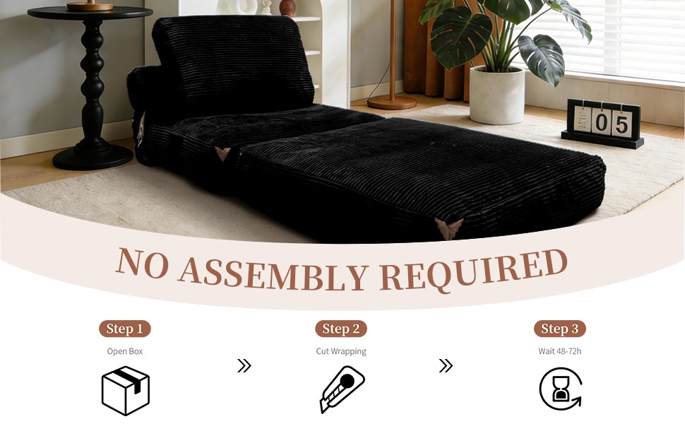 Divano letto pieghevole compatto con supporto ergonomico per piccoli spazi in flanella nera 52.0 × 42.0 × 33.0 cm