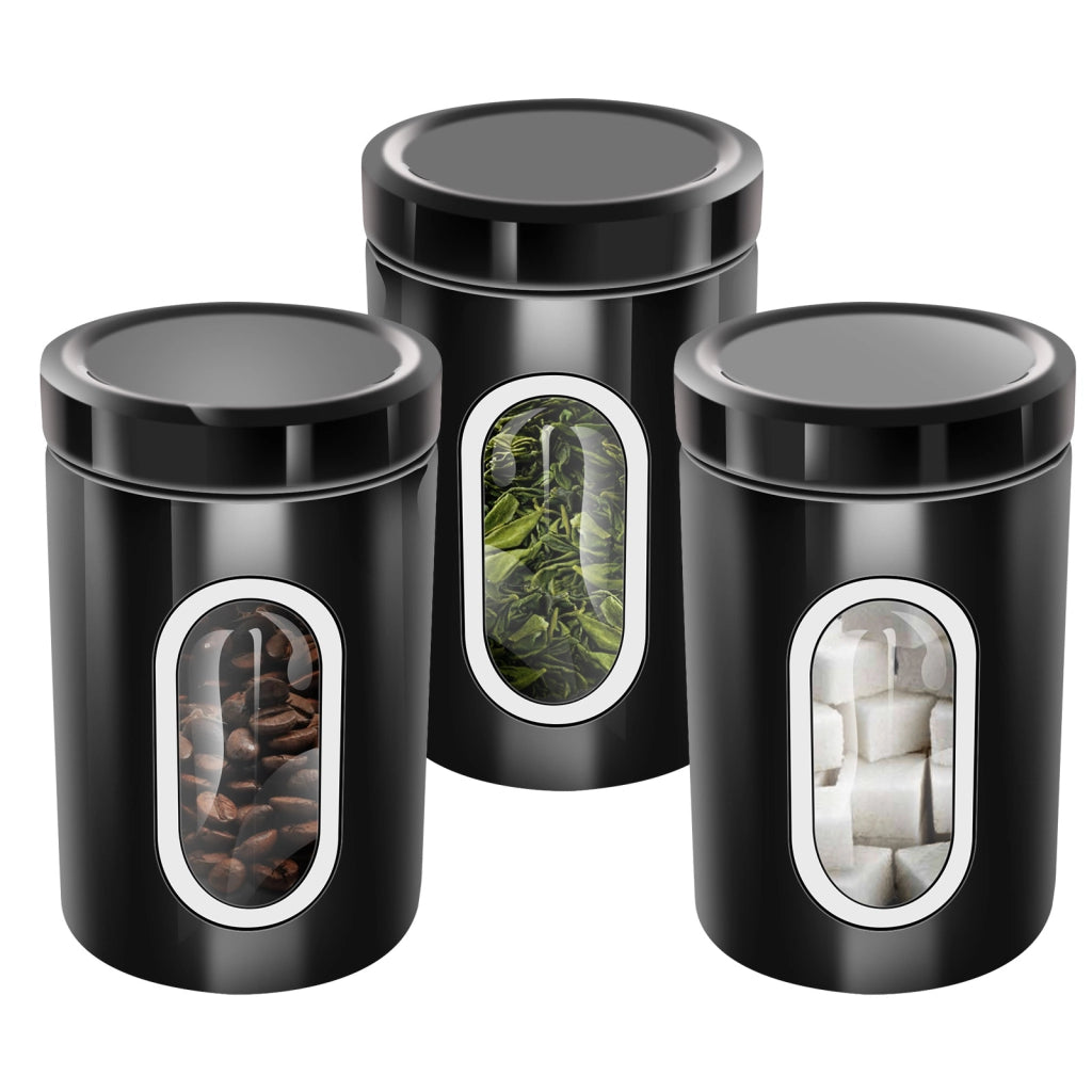 Set 3 Scatole Impilabili per Caffè Zucchero Finestra Trasparente Ermetiche Nero Cheffinger