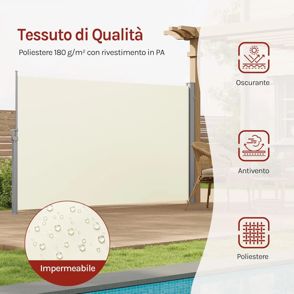 Paravento Esterno, Tenda Laterale Retrattile, 180x350 cm, Frangivista, Protezione Solare & Antivento, per Giardino, Balcone, Terrazza, Patio, Crema