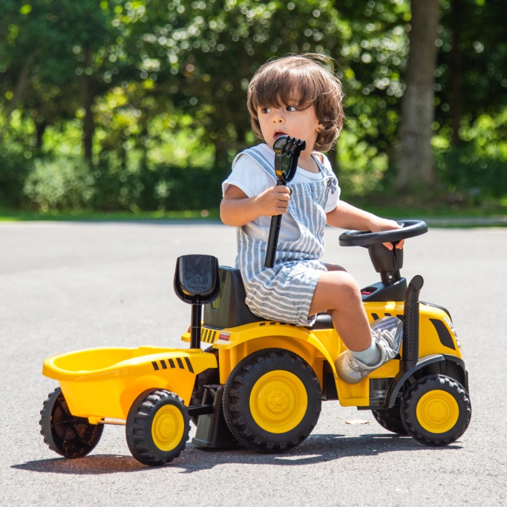 Trattore cavalcabile per bambini 1,5-3 anni con rimorchio staccabile pala rastrello clacson, Trattore scorrevole Giallo-Macchinine giocattoli