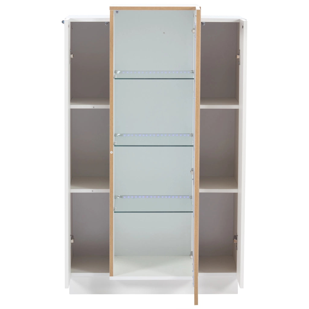 Vetrina soggiorno 74x40x120 cm con 3 ante, LED controllabile via app, struttura in truciolare e finitura bianco/effetto legno