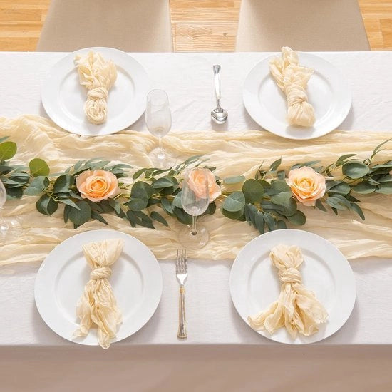 Tavolo da pranzo di stoffa di lana bianca, 90 x 400 cm, ampio, lungo, tavolo da pranzo rustico di rete, tessuto semi-trasparente romantico, tovaglia da tavolo per cerimonia boho, decorazione per festa di compleanno (beige - 3 pezzi)