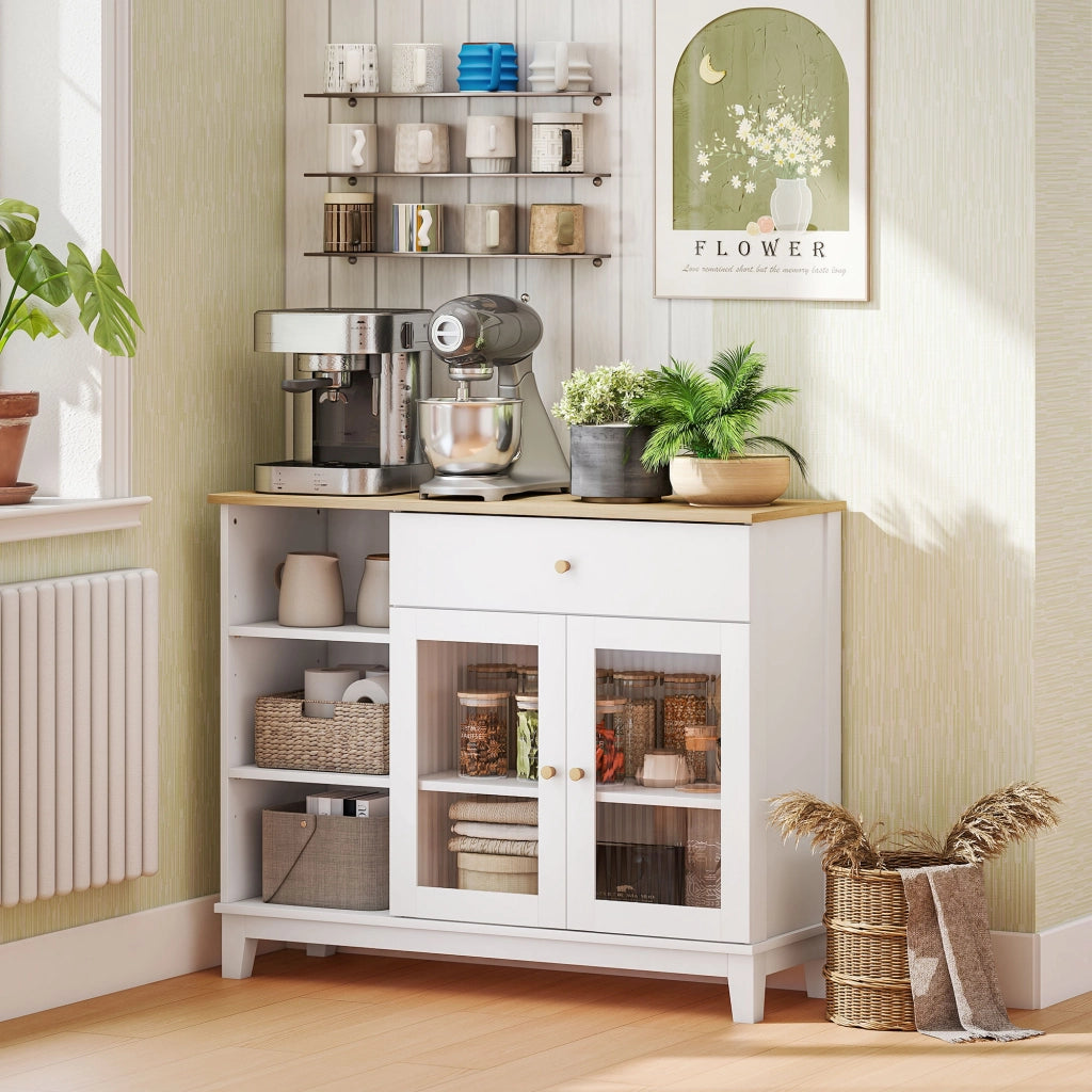 Credenza con ante in vetro temperato, cassetto e ripiani regolabili ¨C Minimal ¨C Bianco
