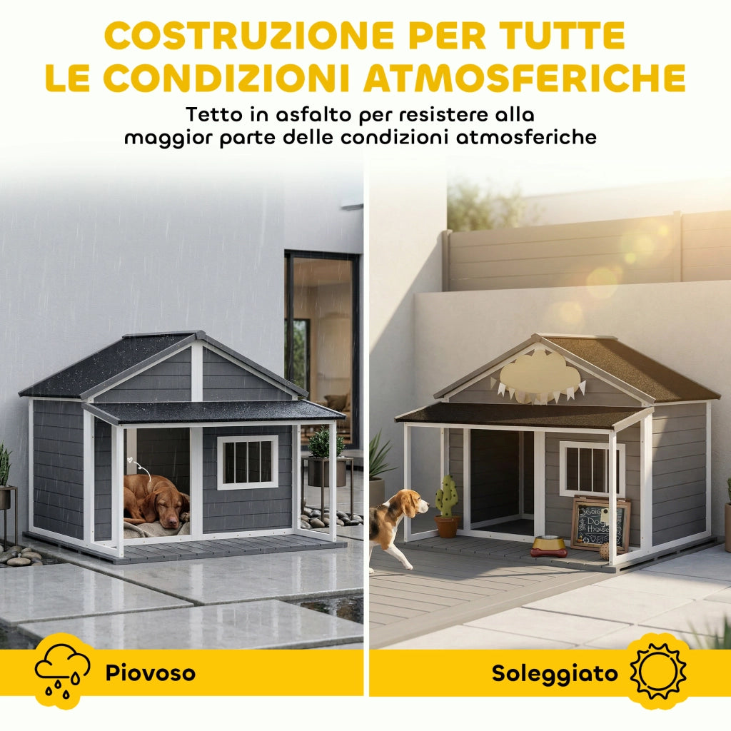 Cuccia per Cani da Esterno con Terrazza, Finestra e Tetto Impermeabile, 124x112x105cm, Grigio