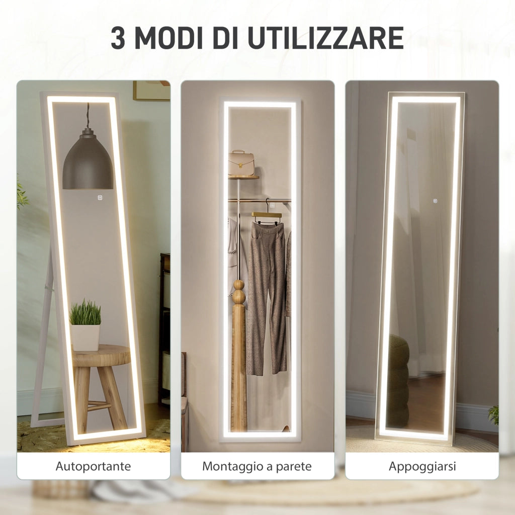 Specchio da Terra con Luci LED ¨C zephmum ¨C Bianco 40x160 cm