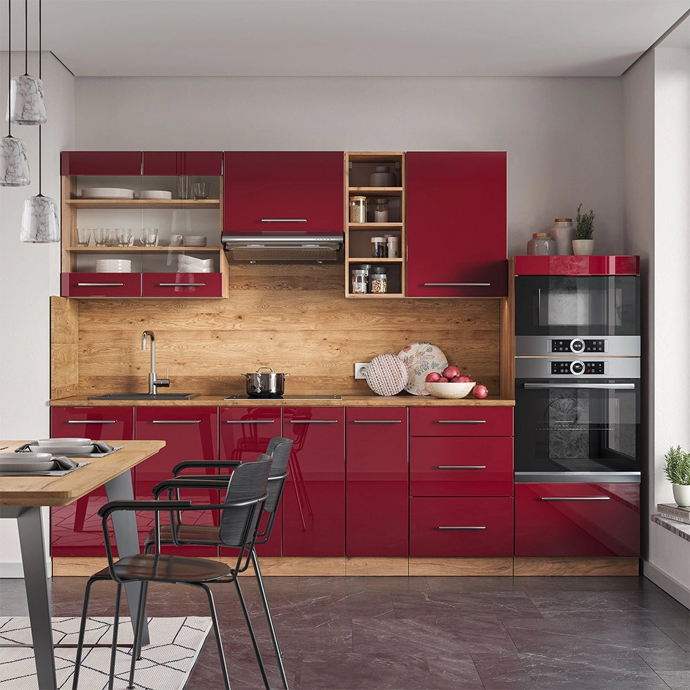 Cucina componibile Fame-Line Bordeaux lucido/Rovere dorato 280 cm, PL Antracite Vicco