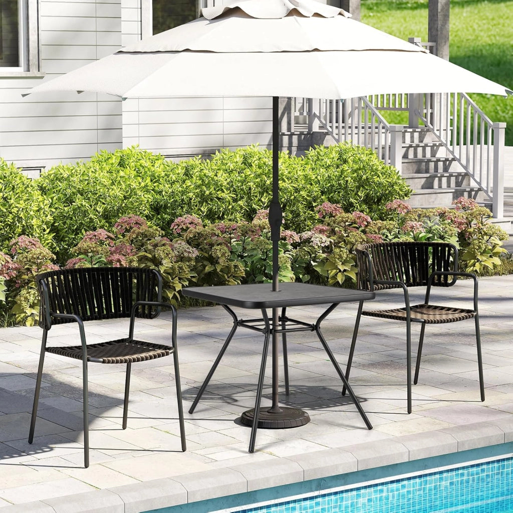 Tavolo da pranzo da giardino quadrato, 80 x 80 x 72,5 cm, con piano SPC e foro per ombrellone, struttura in metallo robusto, carico 100 kg, tavolo per balcone, patio