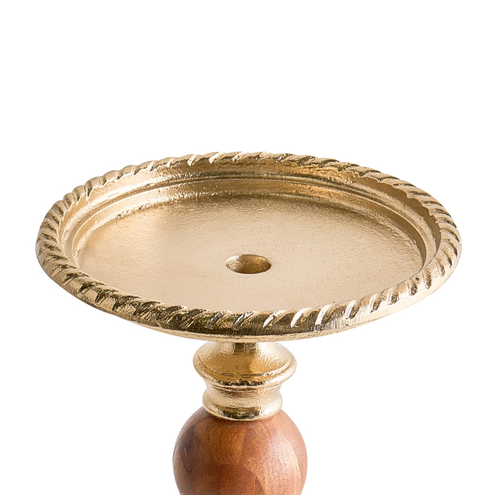 Portacandele in alluminio e legno di acacia design moderno color oro 31 cm