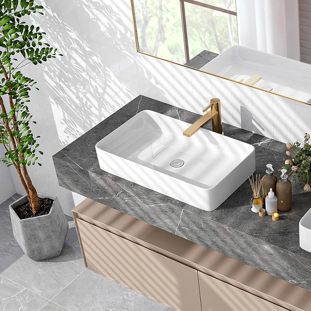 Lavabo da Appoggio Angolare, Lavandino Bagno in Ceramica, Mobile Lavabo Bagno con Scarico Pop-up, per Bagno e WC Degli Ospiti, 60x35x11cm
