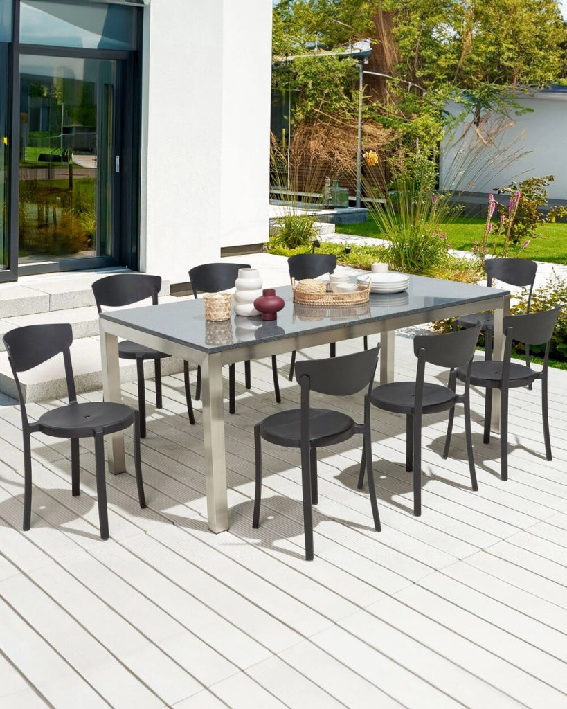 Set di 8 sedie in plastica nera per interno ed esterno terrazzo esterno giardino stile moderno