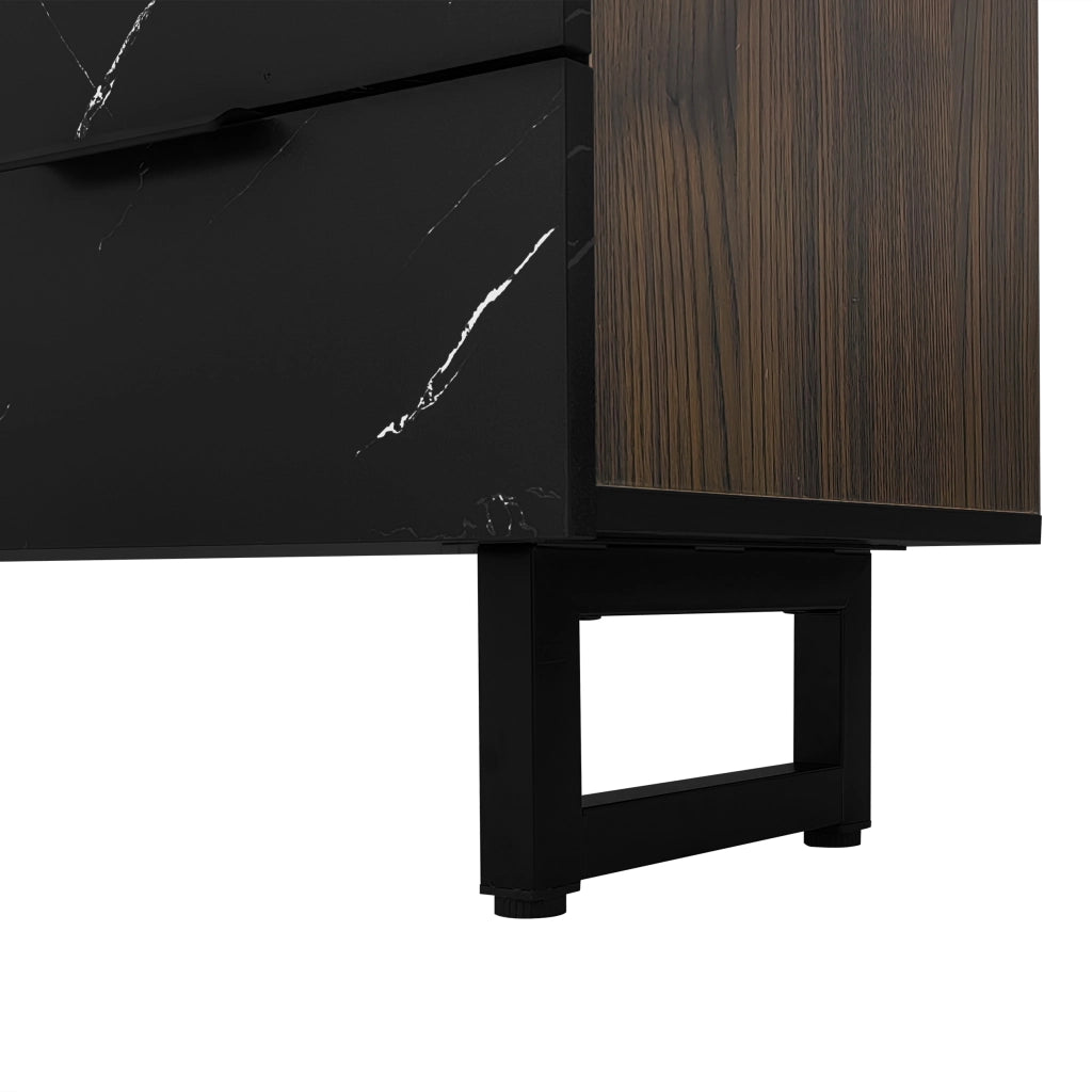 OKWISH Mobile TV con 2 Ante, 2 Cassetti, 2 Vani e LED, per Soggiorno, in MDF, Nero ed Effetto Legno, 200 x 38 x 50 cm