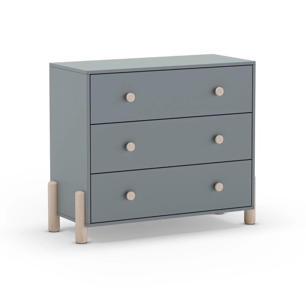 Cassettiera Enola in legno massiccio con 3 cassetti verde cachi e gambe in pino naturale 90x40x80H