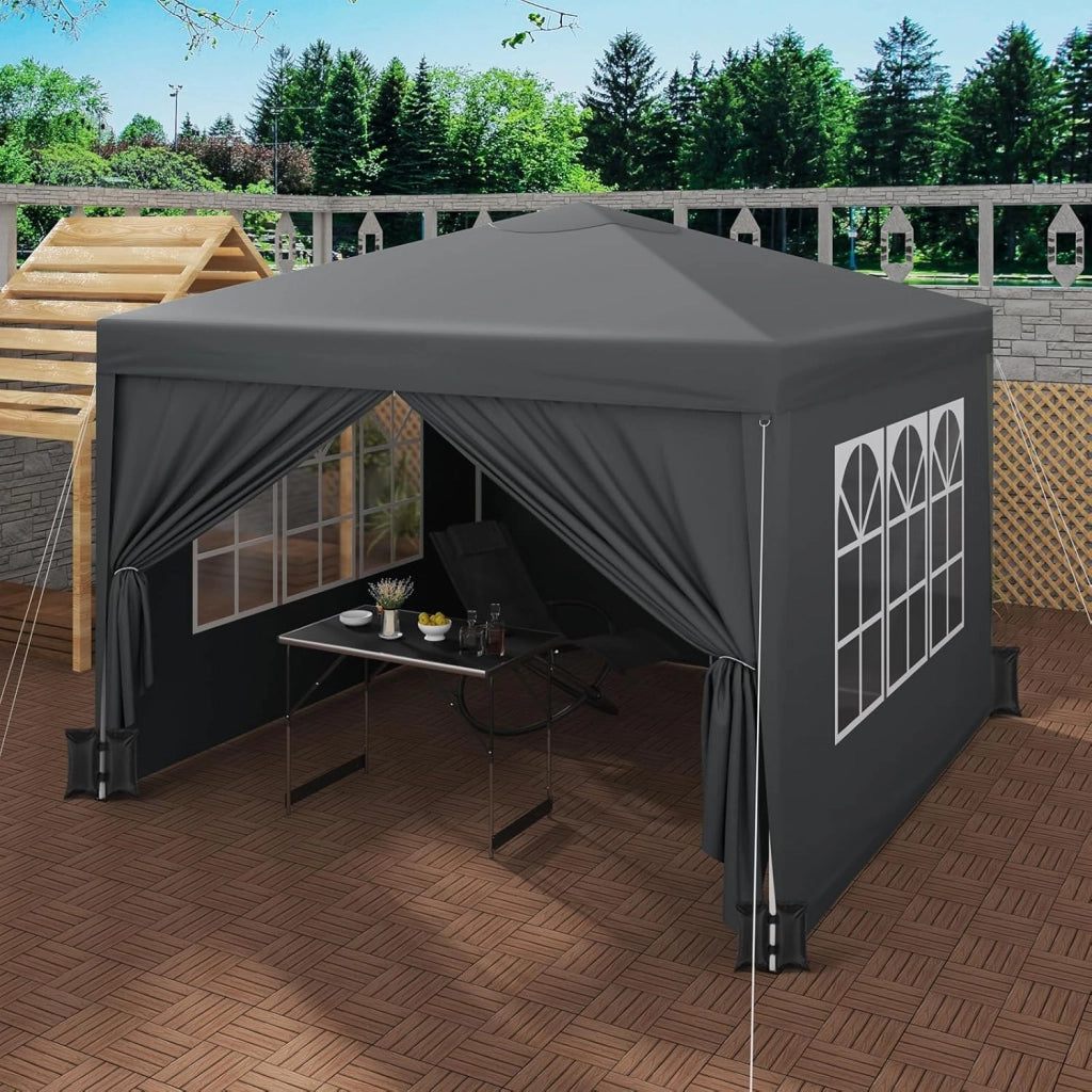 Gazebo da Giardino Richiudibile 3x3m Gazebo da Esterno in Ferro Regolabile in Altezza Tendone Pieghevole con Telo Idrorepellente,Set di 4 Sacchi di Sabbia, Facile da Montare Antracite
