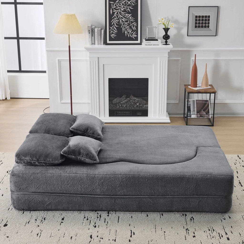Divano letto futon pieghevole con 4 cuscini; schiuma ad alta densitÃ ; tessuto soffice blu grigio