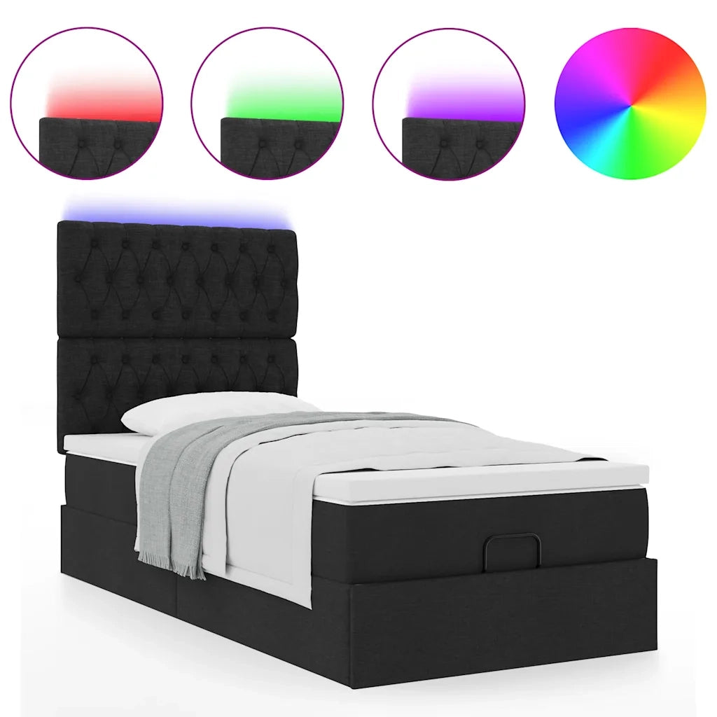 Pouf Letto con Materasso e LED Nero 80x200cm in Tessuto