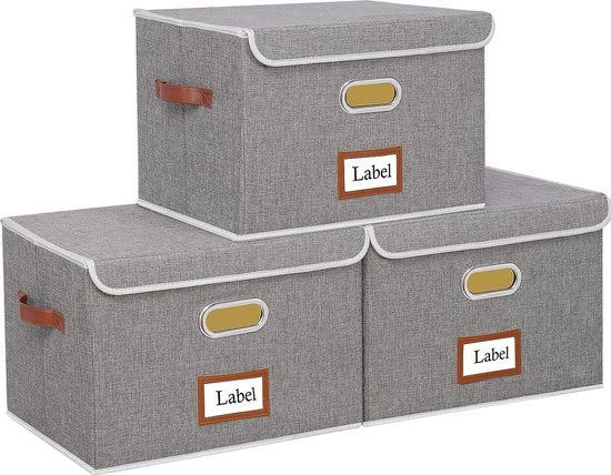 Set di 3 contenitori opachi con coperchio, con 3 maniglie, grande scatola pieghevole per scatole, abbigliamento, libri, giocattoli, 38 x 25 x 25 cm, grigio