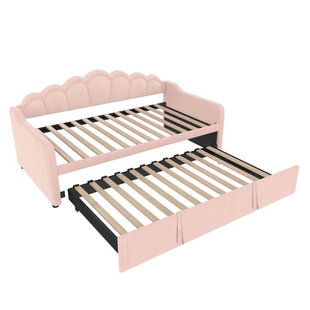 Tagesbett con letto estraibile, letto singolo/divano letto in velluto rosa 90x200 cm (180x200 cm) con LED, senza materasso