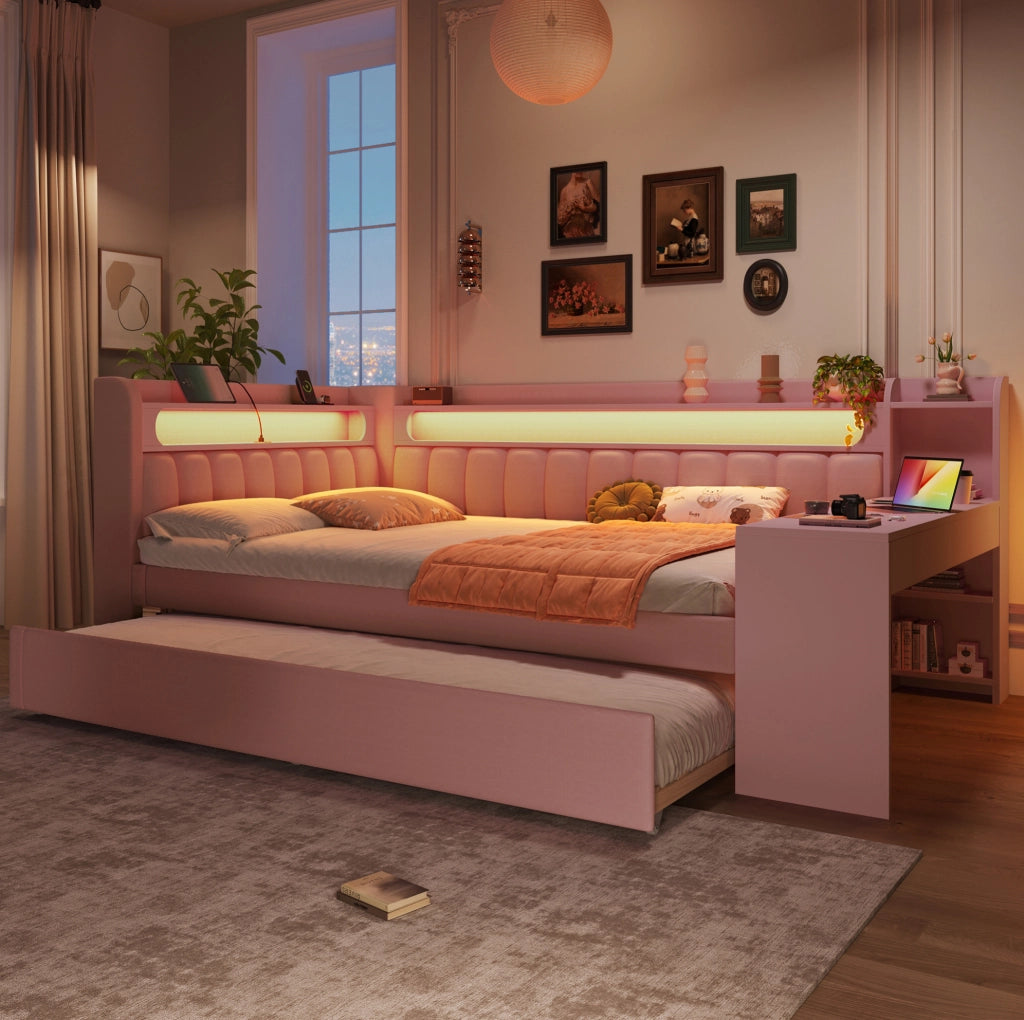 Letto da giorno 140x200 cm rosa con USB, LED, letto estraibile e scrivania integrata