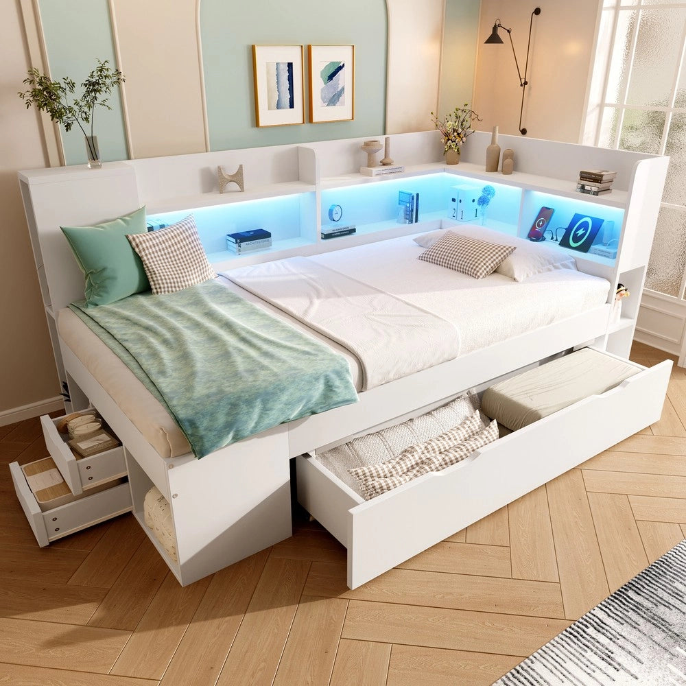 Letto Singolo 90x200 con LED, Cassetti, Ripiani e Rete a Doghe ¨C Xylo ¨C Bianco, Legno