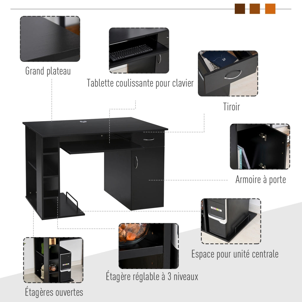 Scrivania Computer con Ripiano e Cassetto - Zephmum - MDF Nero 120x60x74 cm