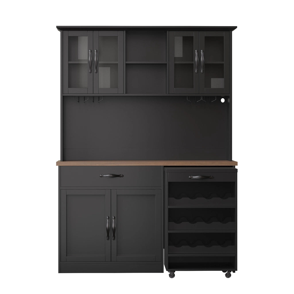 Armadio cucina 140 cm con carrello estraibile, illuminazione LED dimmerabile, 4 ante in vetro, cassetto e portabottiglie, nero