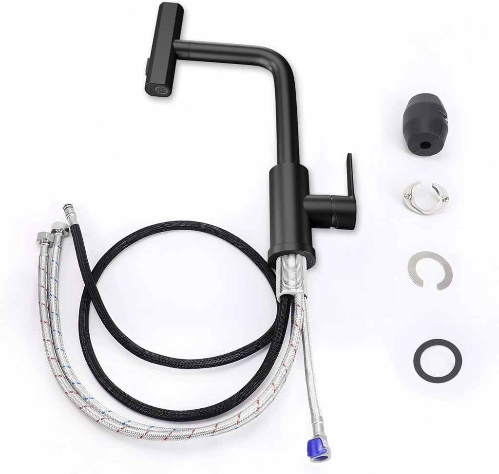 ZMH Miscelatore nero con doccetta estraibile e rotazione a 360°Miscelatore in acciaio inox con 2 getti