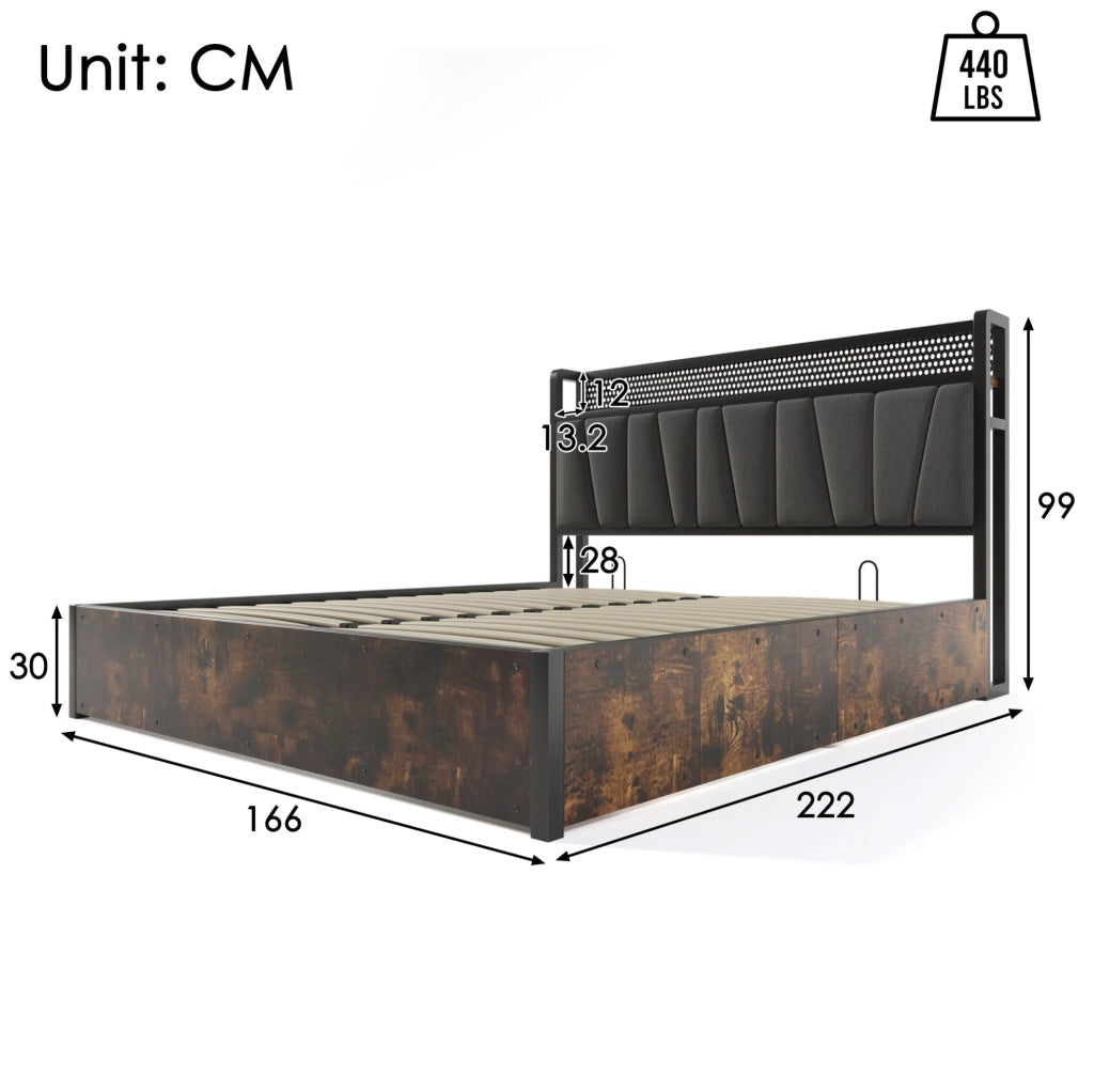 Letto matrimoniale 160x200 cm con testiera LED RGBW; porte USB e prese; grigio