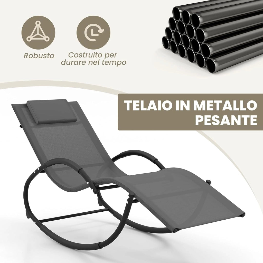 Sdraio a Dondolo da Giardino, Sedia a Dondolo Gravità Zero con Poggiatesta Rimovibile, Braccioli, Schienale e Seduta Traspiranti, Sdraio Solare per Patio, Giardino, Portata 160 kg (Grigio)