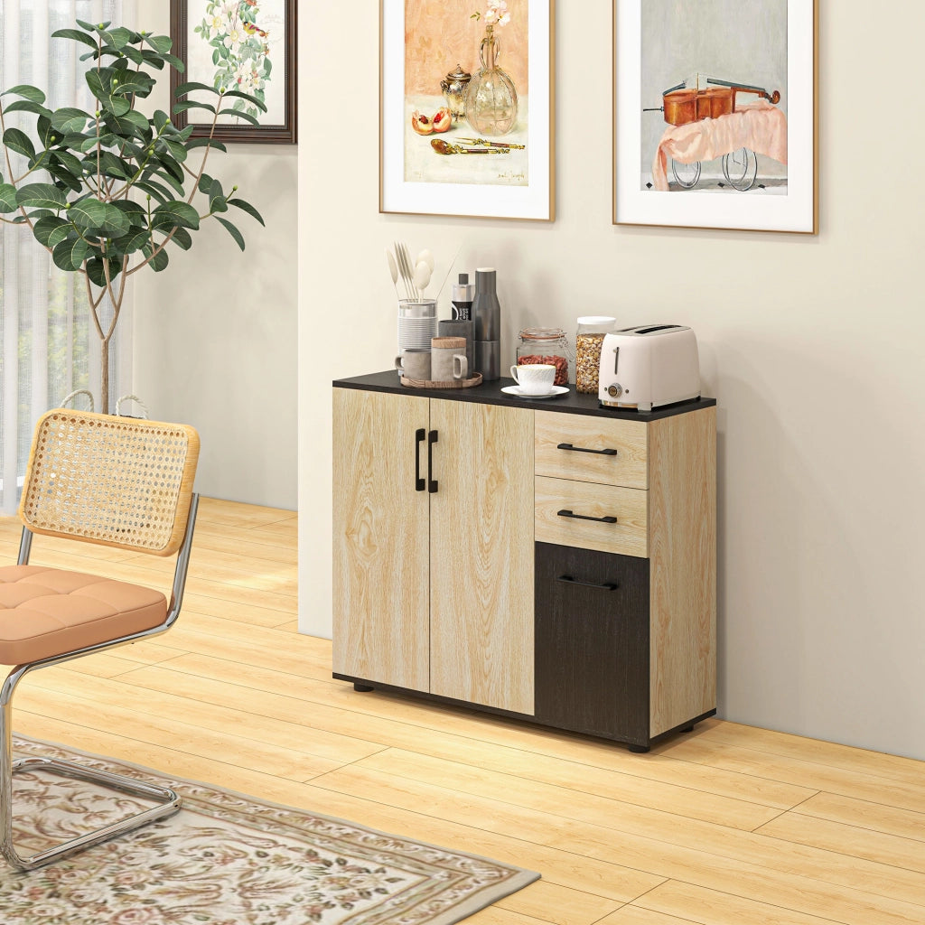 Credenza Moderna con 2 Armadietti e 2 Cassetti in Legno, 90x30x75.5cm, Noce e Nero