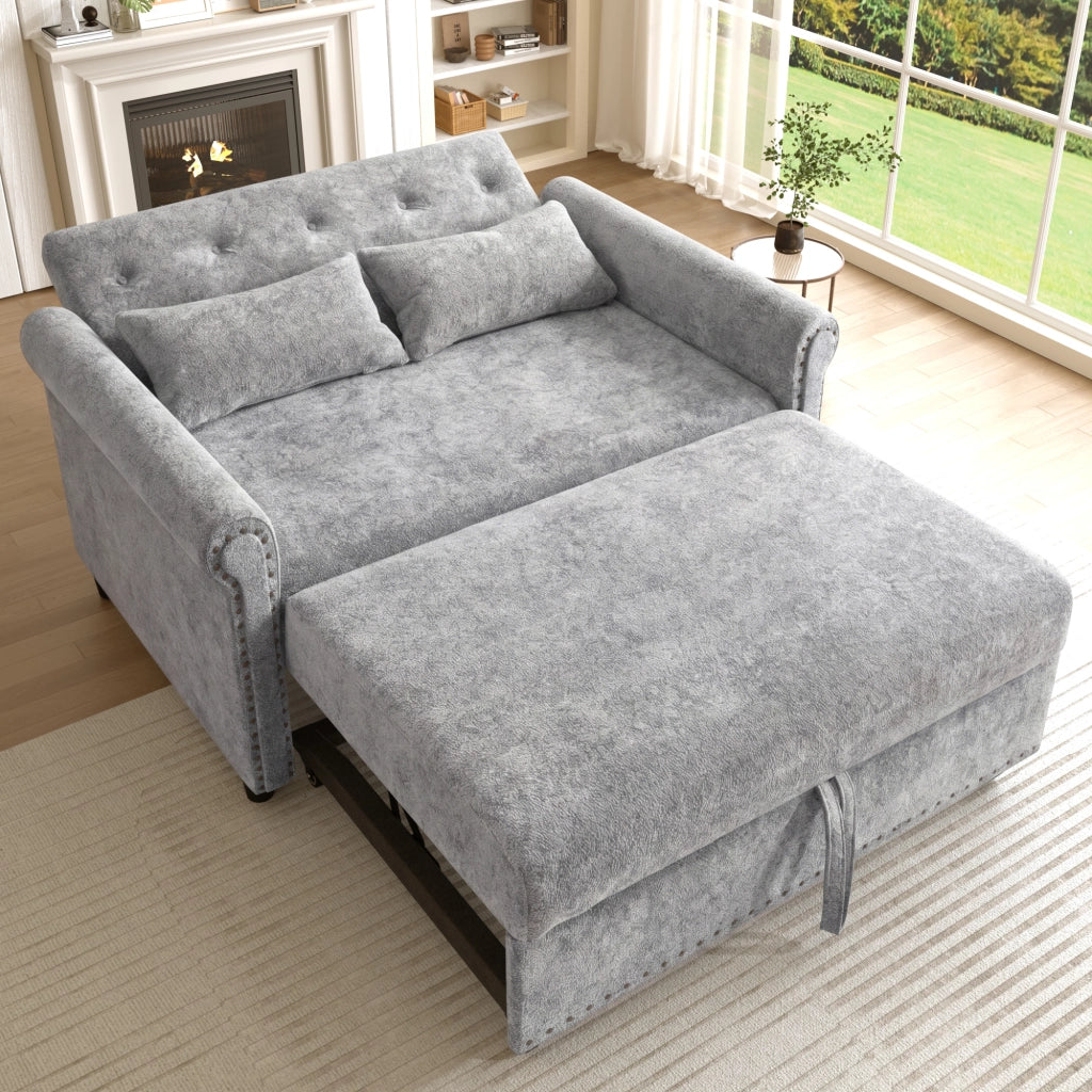 Divano letto 3 in 1 con schienale reclinabile a 3 posizioni letto estraibile in chenille grigio con due cuscini