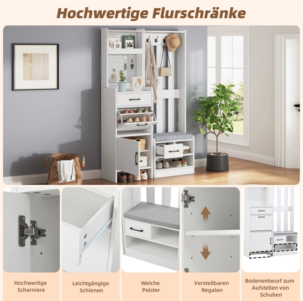Garderoba da ingresso 7 in 1 110x35x175;5 cm con scarpiera; 2 cassetti e 4 ganci; bianco