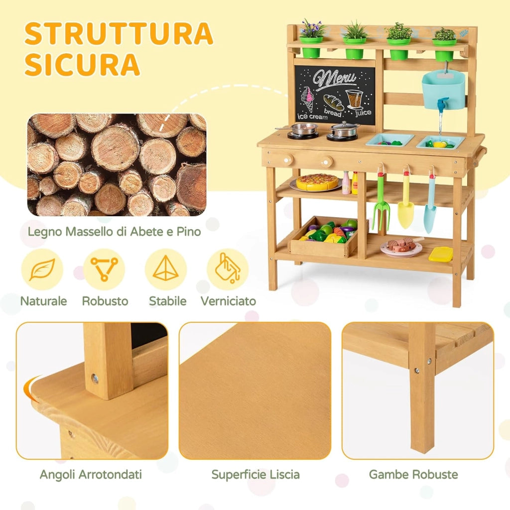 Cucina in Legno per Bambini, Cucina da Gioco all'Aperto con Rubinetto, Lavandini Rimovibili, Lavagna, Fornelli, Manopole, Vasi di Fiori e Accessori per Piantare, per Bambini 3+ Anni