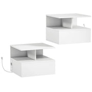 Set 2 Comodini Sospesi 40x35x30 cm con Stazione di Ricarica Cassetto e Ripiano Aperto in Legno Bianco
