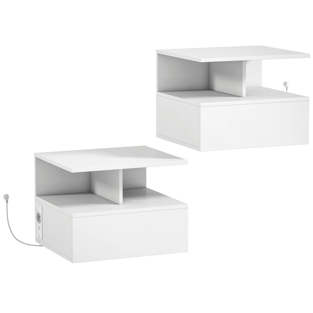 Set 2 Comodini Sospesi 40x35x30 cm con Stazione di Ricarica Cassetto e Ripiano Aperto in Legno Bianco