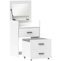Tavolo da Trucco in Legno con Specchio Ribaltabile, 2 Cassetti e Sgabello, 50x40x113.5 cm, Bianco