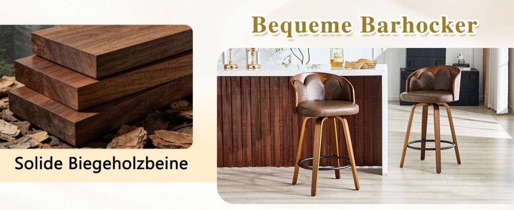 Sgabello da bar con schienale a fiore in legno curvato e PU con poggiapiedi in metallo marrone 64,5 × 53 × 47 cm