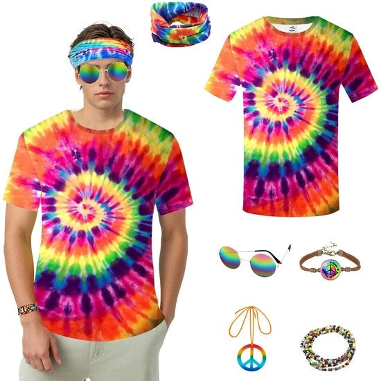 Costume hippie completo con T-shirt colorato - Collana di pace - Occhiali da sole hippie - Fascia per la testa - Bracciale - Design retro - Abbigliamento tematico